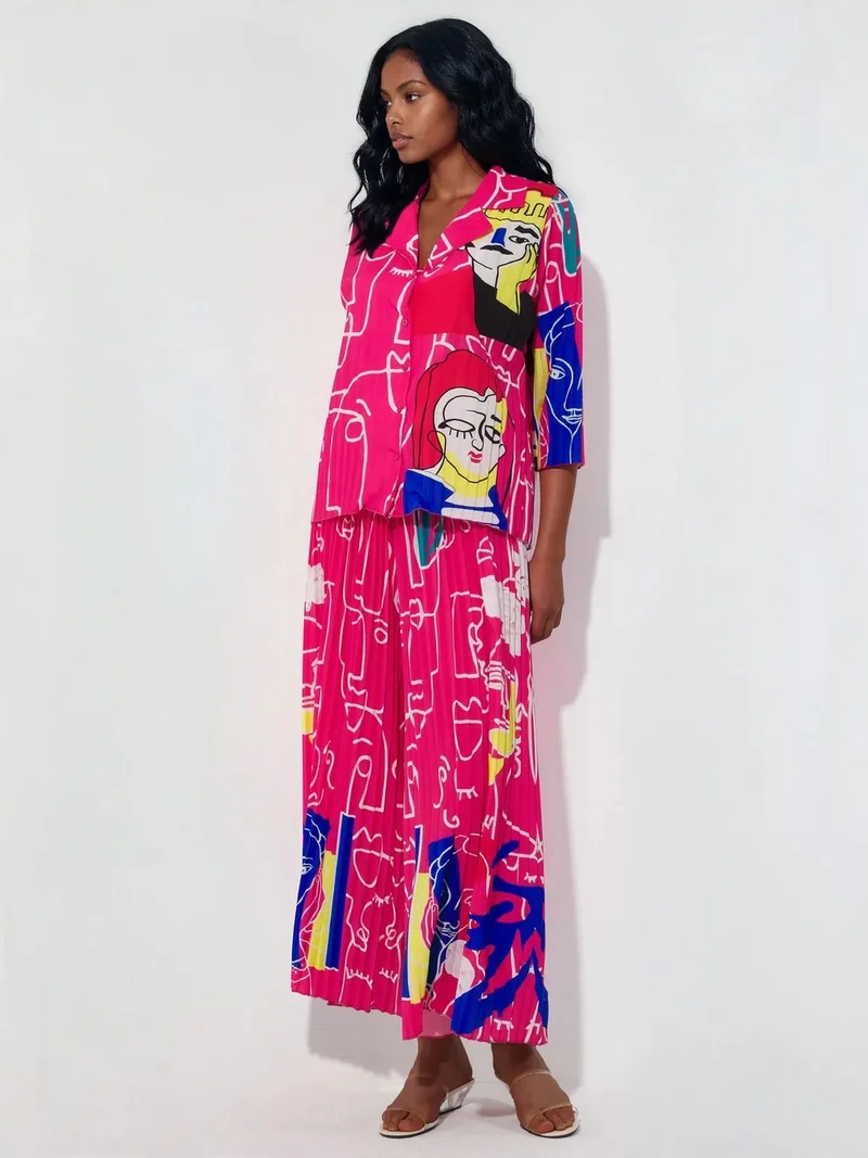 جينيفر Abstract Print Shirt And Wide-Leg Pants Set