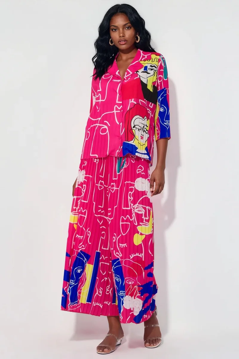 جينيفر Abstract Print Shirt And Wide-Leg Pants Set