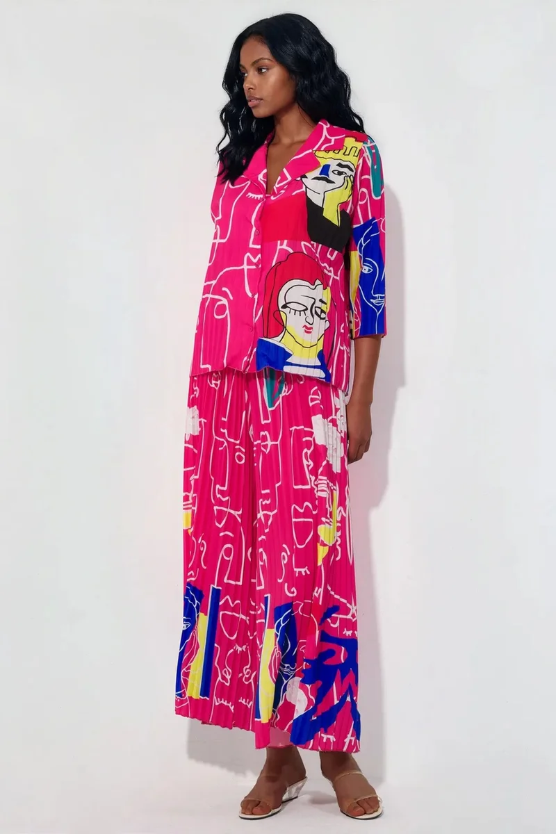 جينيفر Abstract Print Shirt And Wide-Leg Pants Set