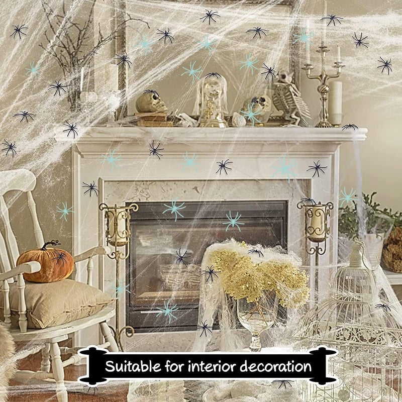 Mowane Easy daily handling design 300 Sqft Halloween Spider Web Decorations, with 10 Glow in the Dark+10 Black Fake Scary Spiders, Super Stretch Cobwebs Creepy Halloween Indoor Outdoor Office Party Supplies (300 Sqft Web+20 Spider) All-round unified build - Image 5