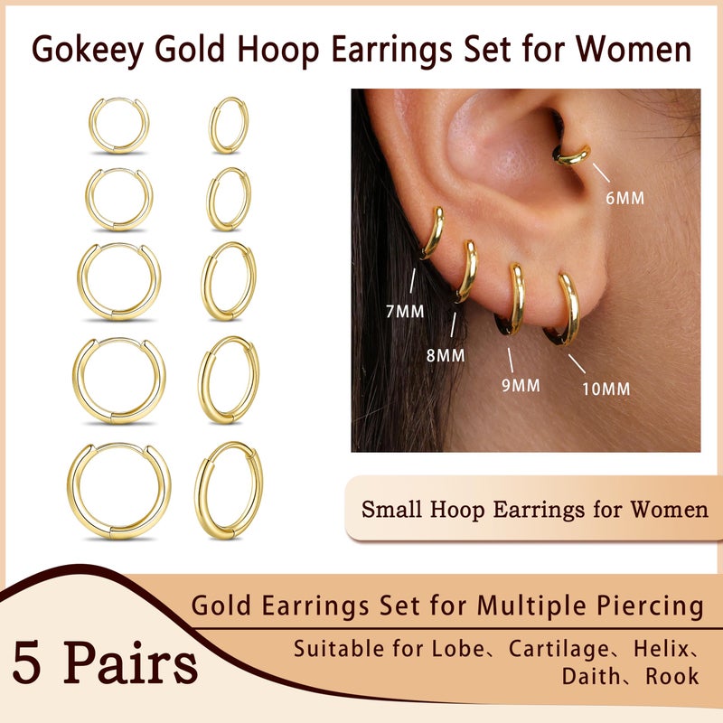 Gokeey 5 Pairs Small Gold Hoop Earrings Set for Women Men, Cute Tiny Cartilage Helix Huggie Hoop Earrings for Multiple Piercing Jewelry Gift 6mm/7mm/8mm/9mm/10mm - Image 2