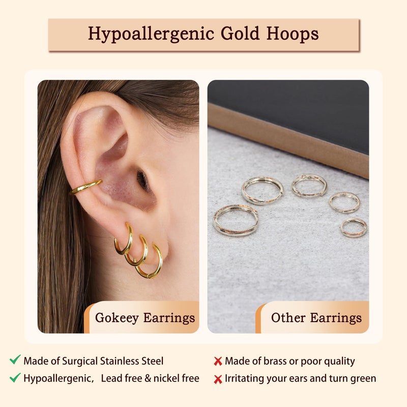 Gokeey 5 Pairs Small Gold Hoop Earrings Set for Women Men, Cute Tiny Cartilage Helix Huggie Hoop Earrings for Multiple Piercing Jewelry Gift 6mm/7mm/8mm/9mm/10mm - Image 3