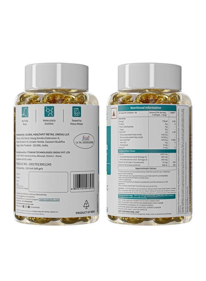 Neuherbs Mini Deep Sea Fish Oil Omega 3 Capsule 1000Mg- 120 Softgels for Men & Women |2X Omega 3 with 360Mg Epa & 240Mg Dha | Fish Oil Capsules with Vitamin D3 & E, 100 grams - Image 4