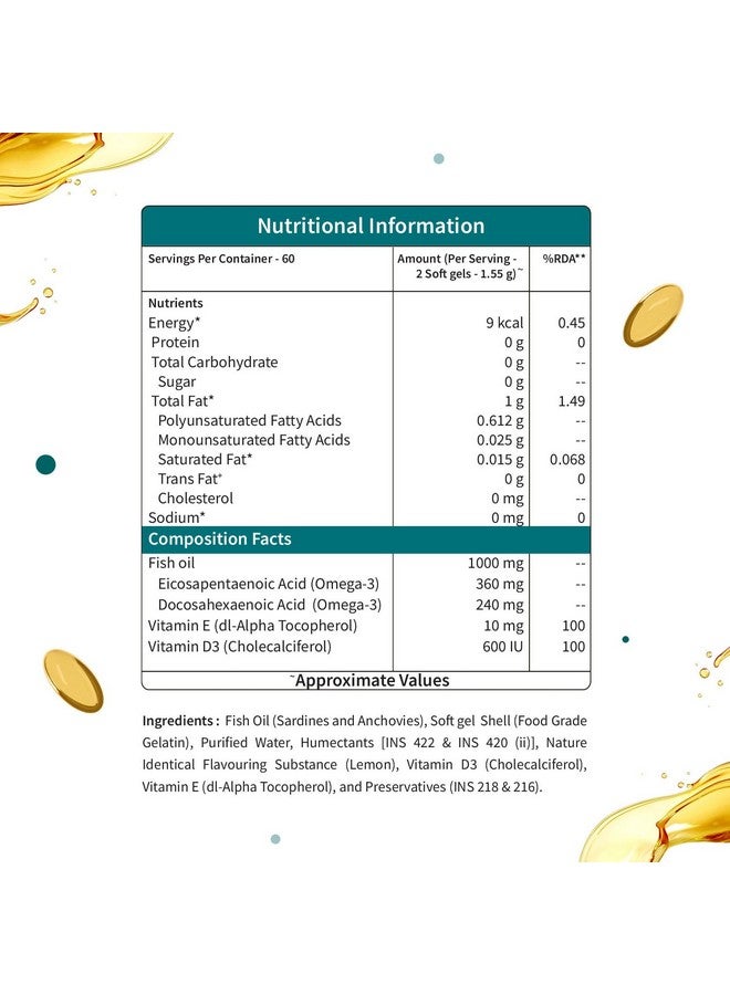 Neuherbs Mini Deep Sea Fish Oil Omega 3 Capsule 1000Mg- 120 Softgels for Men & Women |2X Omega 3 with 360Mg Epa & 240Mg Dha | Fish Oil Capsules with Vitamin D3 & E, 100 grams - Image 5
