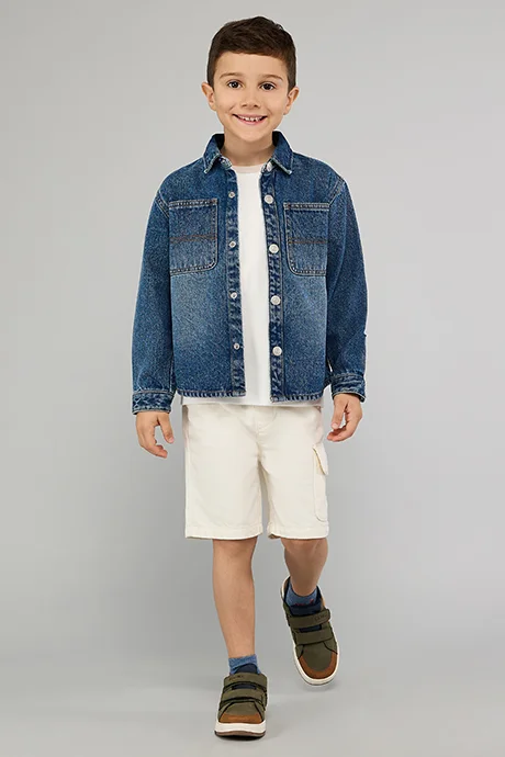 R&B Washed Denim Shirt with Classic Collar and Long Sleeves