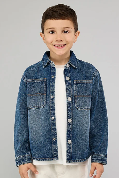 R&B Washed Denim Shirt with Classic Collar and Long Sleeves