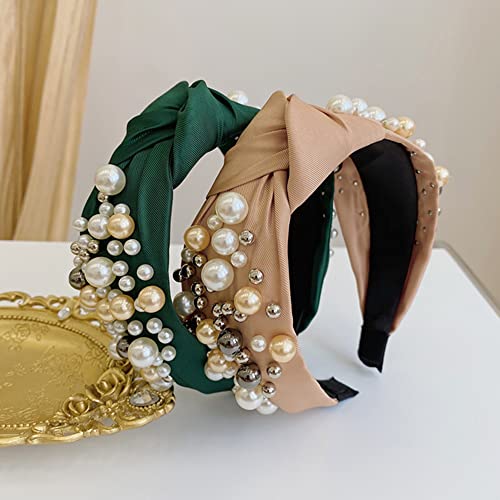 Wiwpar Pearl Knotted Headbands for Women Fashion Wide Pearl Bead Headband Head Bands Boho Hair Accessories (Green) - Image 1