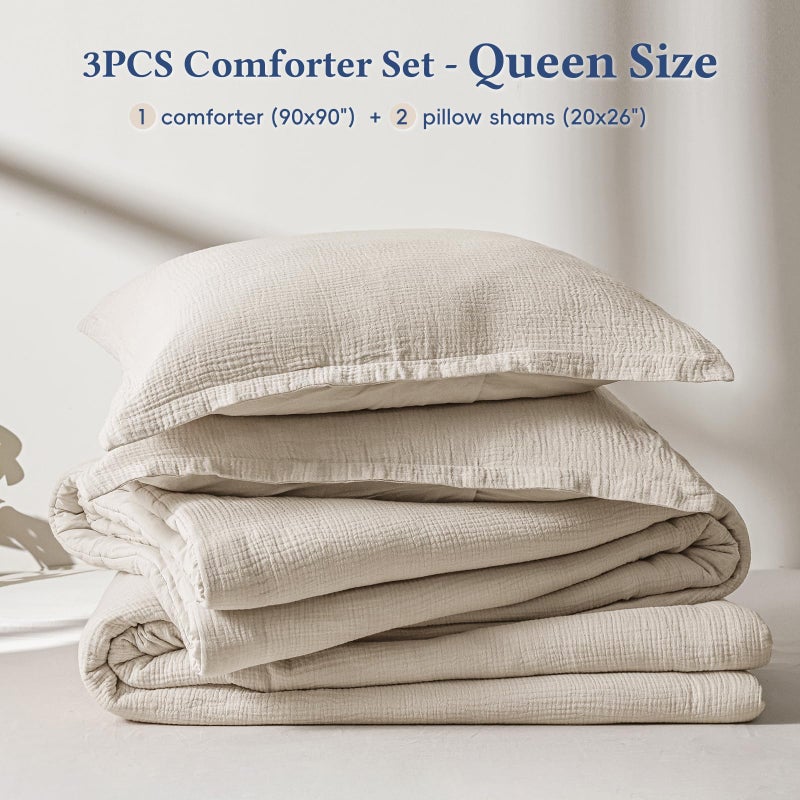 David's Home Cotton Muslin Comforter Set Queen Size, Soft Lightweight Breathable Cozy Skin-Friendly, 3PCS Linen Like Gauze Bedding with Pillow Shams, Aesthetics Home Decor & Giftable, Natural - Image 5