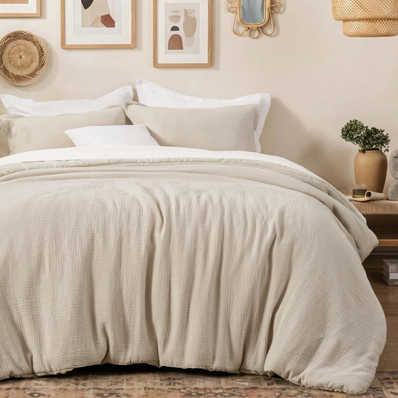 David's Home Cotton Muslin Comforter Set Queen Size, Soft Lightweight Breathable Cozy Skin-Friendly, 3PCS Linen Like Gauze Bedding with Pillow Shams, Aesthetics Home Decor & Giftable, Natural - Image 1