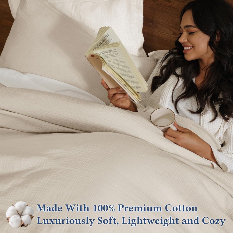 David's Home Cotton Muslin Comforter Set Queen Size, Soft Lightweight Breathable Cozy Skin-Friendly, 3PCS Linen Like Gauze Bedding with Pillow Shams, Aesthetics Home Decor & Giftable, Natural - Image 2