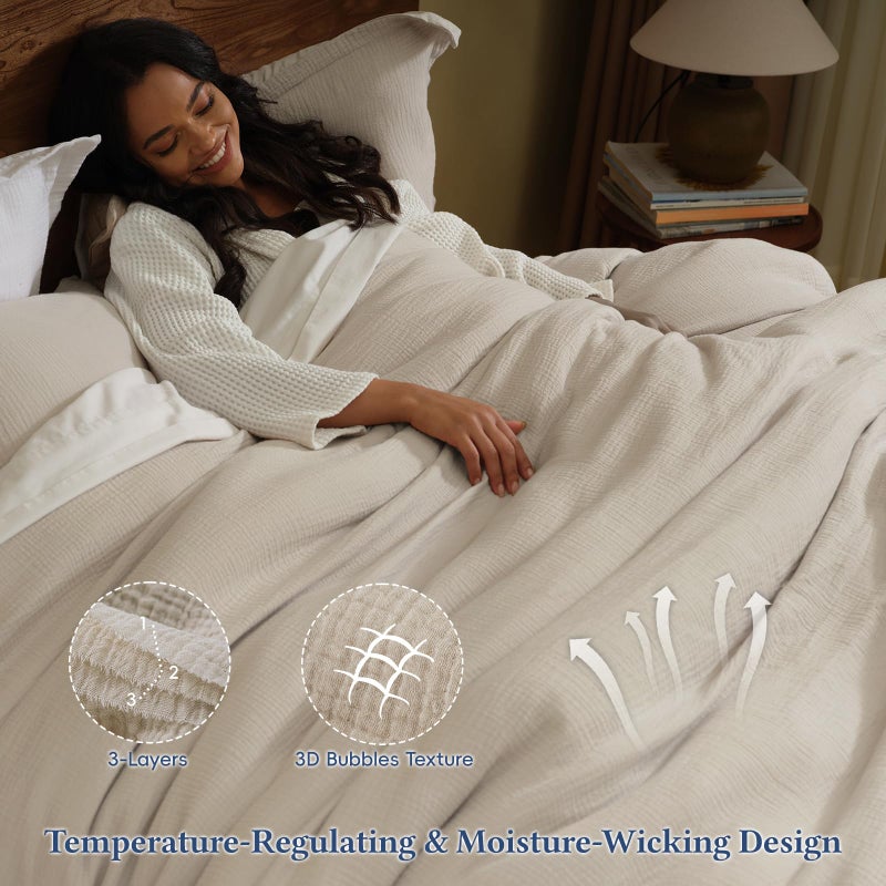 David's Home Cotton Muslin Comforter Set Queen Size, Soft Lightweight Breathable Cozy Skin-Friendly, 3PCS Linen Like Gauze Bedding with Pillow Shams, Aesthetics Home Decor & Giftable, Natural - Image 4