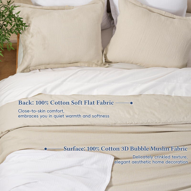 David's Home Cotton Muslin Comforter Set Queen Size, Soft Lightweight Breathable Cozy Skin-Friendly, 3PCS Linen Like Gauze Bedding with Pillow Shams, Aesthetics Home Decor & Giftable, Natural - Image 3