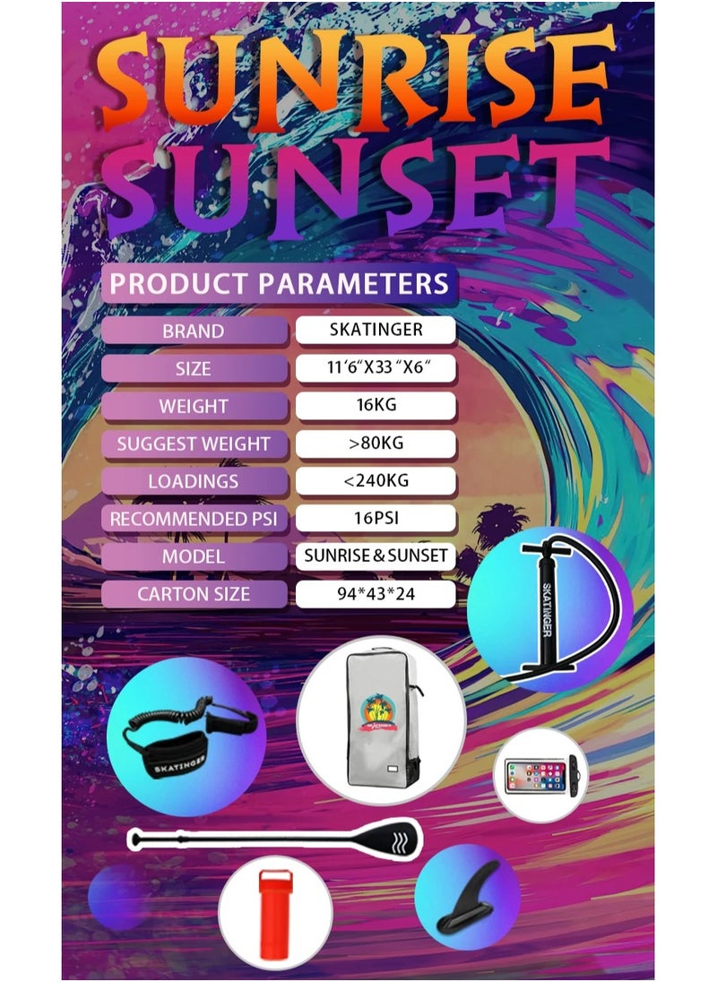 Skatinger Skatinger 11'-33"-6" Single Layer SUP Soft Standup Board Power Fin Paddle Board with Pump and Fins for Yoga, Fishing, Drifting, and Floating - Sunset  - Image 2