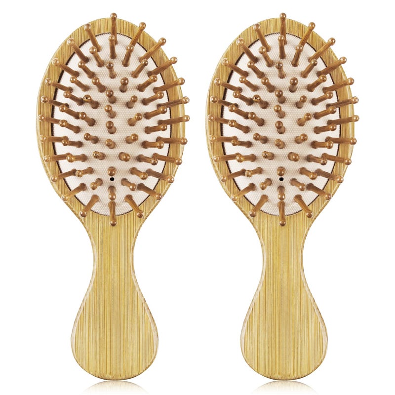 MRD 2 PCS Bamboo Detangler Mini Hair Brushes Travel Pack For Kids Gift No Wooden Bristles Hairbrush Massage Scalp For Curly Hair, Wet Dry Hair Tangle Brush - Image 1