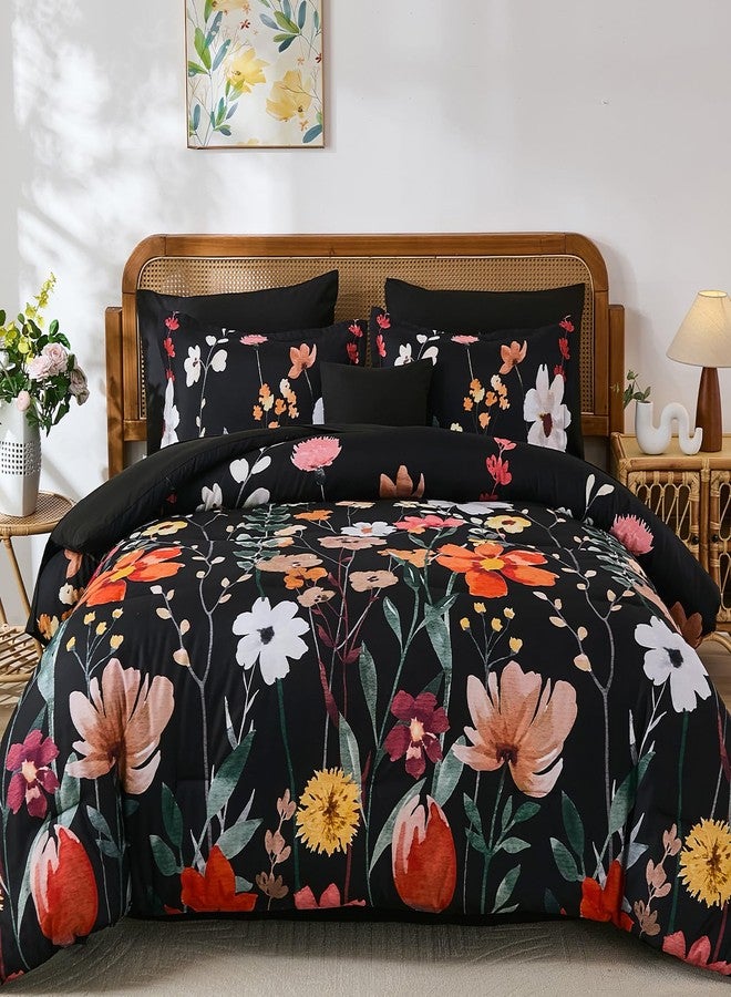Anibedding 8Pieces Queen Comforter Set, Black Watercolor Floral Queen Size Bed in a Bag Comforter Set with Pillowcase, Sheets for All Season - Image 1