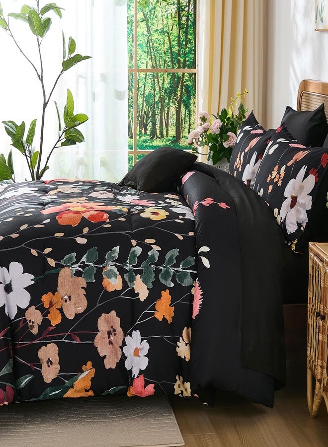 Anibedding 8Pieces Queen Comforter Set, Black Watercolor Floral Queen Size Bed in a Bag Comforter Set with Pillowcase, Sheets for All Season - Image 3