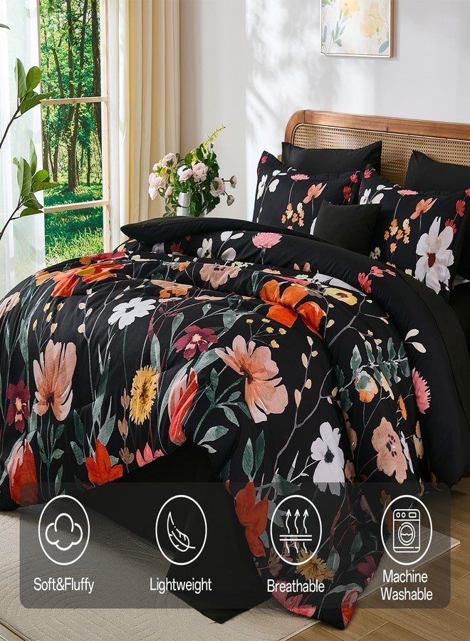 Anibedding 8Pieces Queen Comforter Set, Black Watercolor Floral Queen Size Bed in a Bag Comforter Set with Pillowcase, Sheets for All Season - Image 2