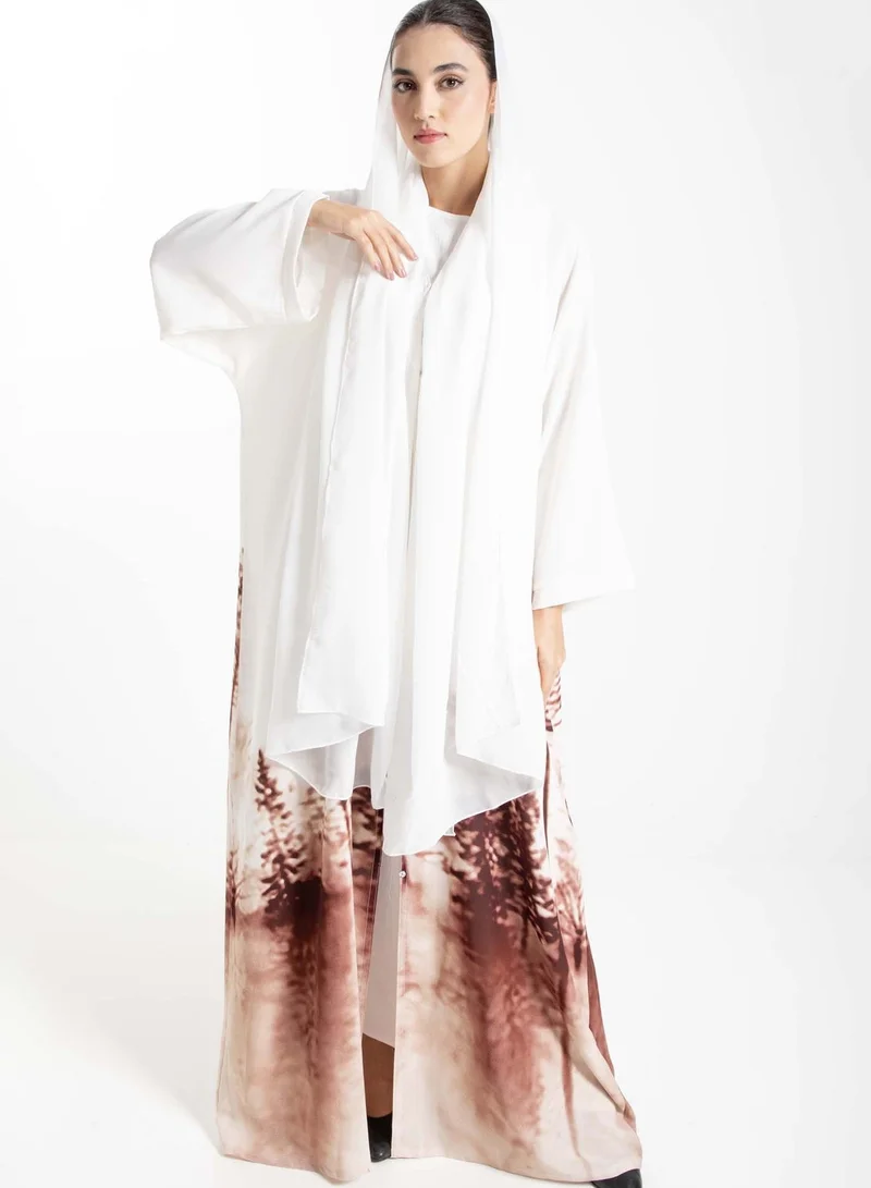 أم سكوير فاشن Self-Printed Abaya in White and Brown with Tree Shades