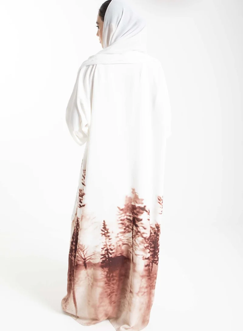 MSquare Fashion Self-Printed Abaya in White and Brown with Tree Shades