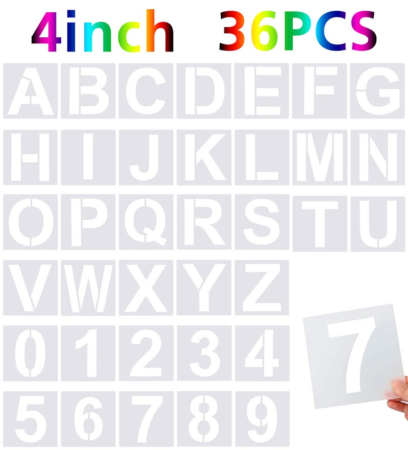 FEBSNOW 36 Pcs Large Alphabet  Number Stencils Reusable Letter Stencils for Wood Wall Fabric Rock Chalkboard Glass 4 Inches 