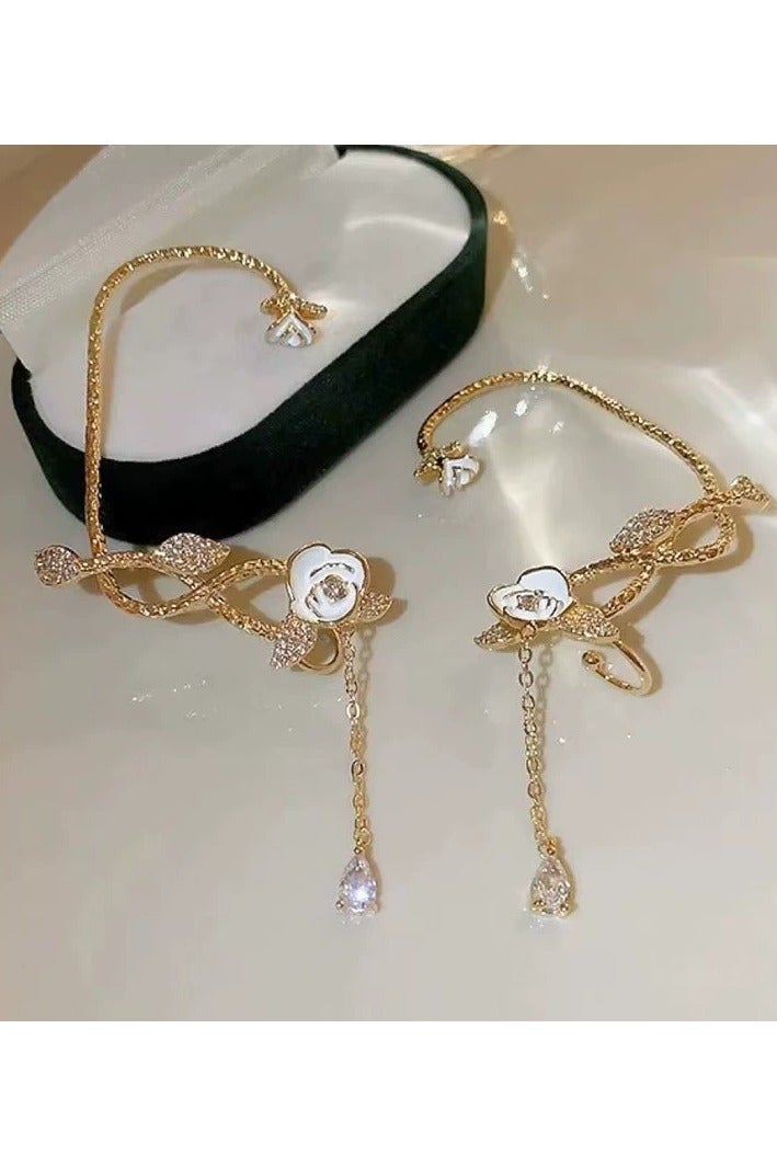 جلوسكي Camellia Tassel Ear Cuff Earrings – Niche Elegant Design, Fairycore No-Piercing Ear Clips for Women - Image 3