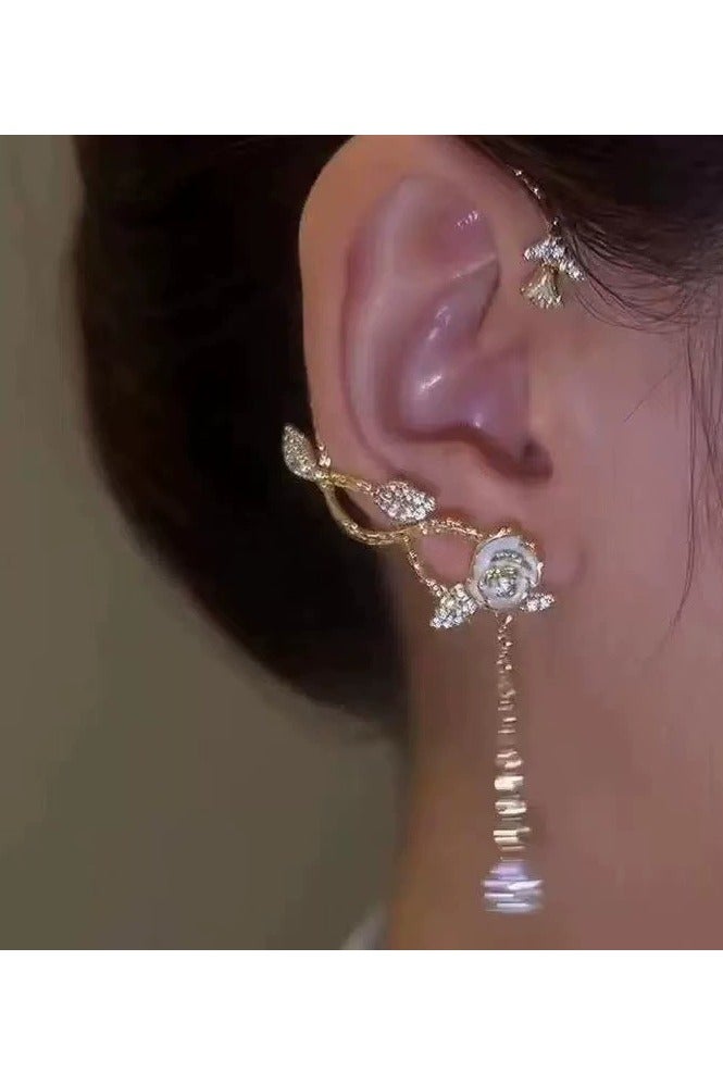 جلوسكي Camellia Tassel Ear Cuff Earrings – Niche Elegant Design, Fairycore No-Piercing Ear Clips for Women - Image 5