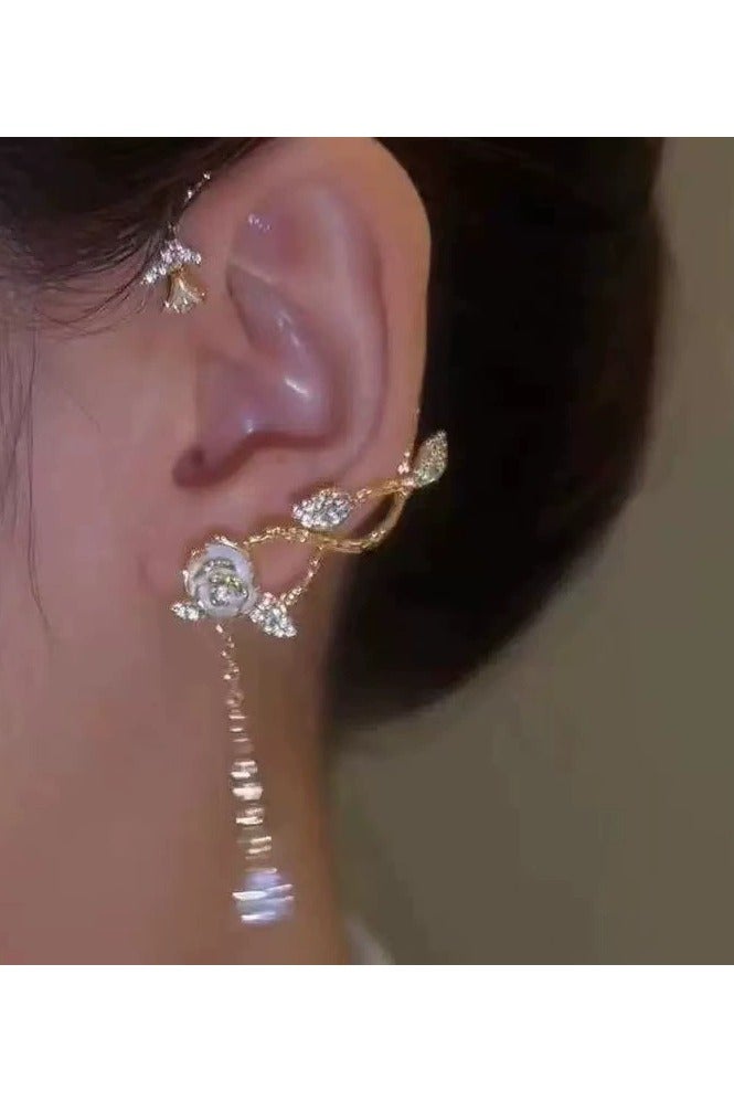 جلوسكي Camellia Tassel Ear Cuff Earrings – Niche Elegant Design, Fairycore No-Piercing Ear Clips for Women - Image 2