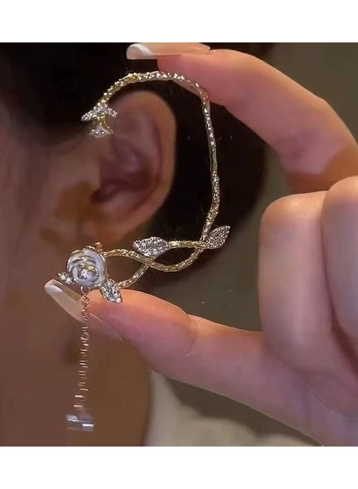 جلوسكي Camellia Tassel Ear Cuff Earrings – Niche Elegant Design, Fairycore No-Piercing Ear Clips for Women - Image 1