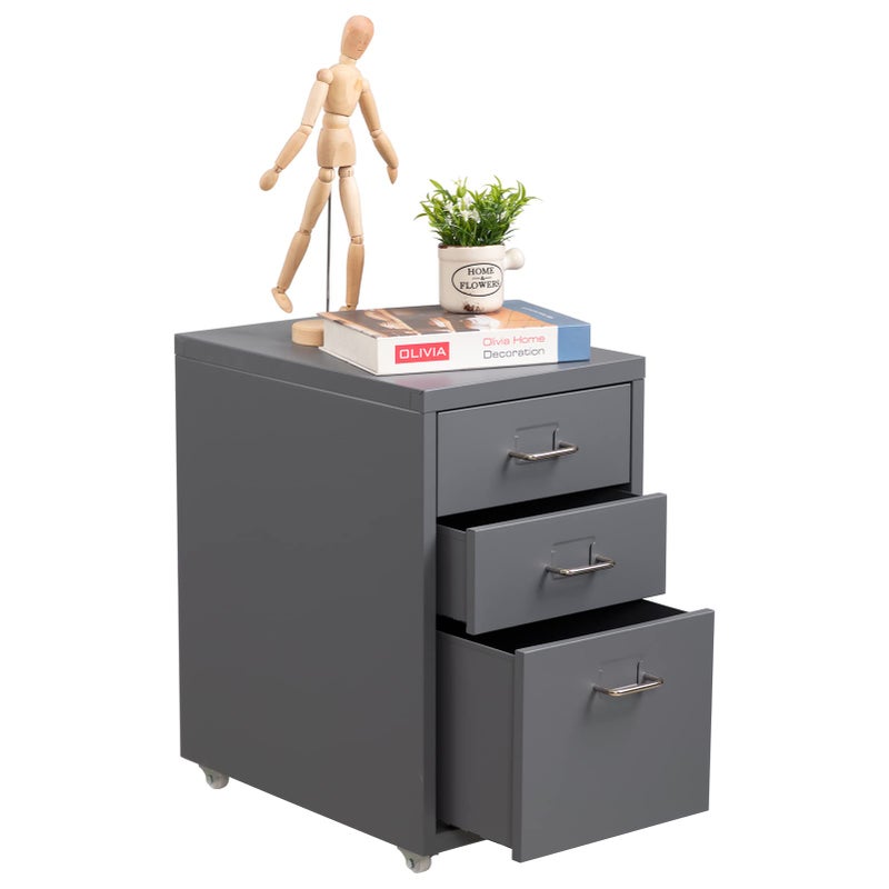 HollyHOME خزانة ملفات متحركة 3 أدراج من هولي هوم تحت المكتب مع عجلات لتنظيم الملفات خزانة تخزين معدنية للمكتب والمنزل رمادي