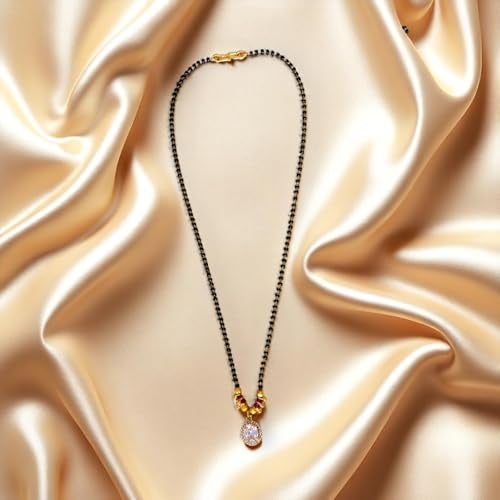 ACCESSHER Gold Tone Dazzling White Stone Mangalsutar Jewellery Necklace | Stunning Black Bead Wedding Mangalsutar | Locket With Chain | Jewellery for Women and Newly Weds (Design 2) - Image 3