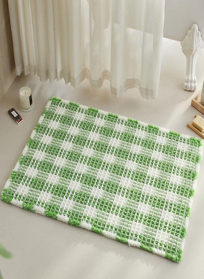 TYUU Waffle Bath Mat, Boho Bathroom Rugs Non Slip Washable Absorbent Checkered Bathroom Mat Quick Dry Cute Bath Mat, 36"x24" Green and White - Image 1