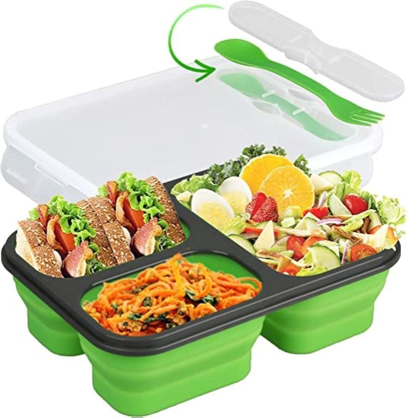 Folding Lunchbox - 3 Room Eco Friendly Silicone Foldable Lunch Box Set - BPA Free and Microwave Safe Dishwasher and Freezer Safe (Green)