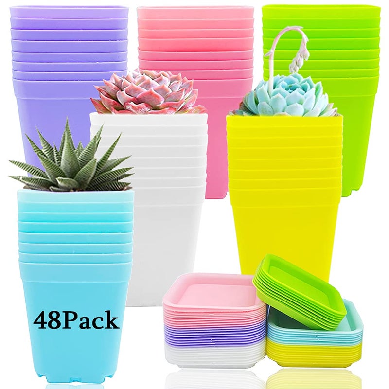 Haawooky 48 PCS 3 Inch Colorful Plastic Plant Pot,Plastic Square Nursery Pots,Seedling Nursery Pots with Saucers for Garden,Home,Office,Balcony Decor,Garden Gifts - Image 1