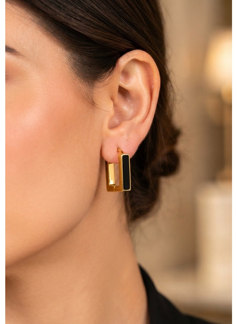 R.C.E Accessories Gold Color Square Hoop Earrings for Women – Black Accent Design, Gold Plated Earrings, Gold Earrings for Ladies & Girls – Modern Fashion Jewelry for a Chic Elegant Look - Image 2