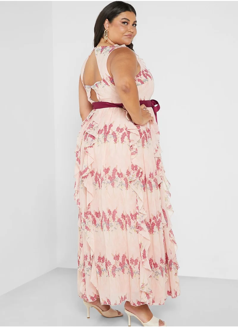 Anaya with Love Curve Belted Printed Waterfall Dress