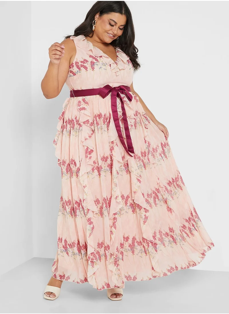 Anaya with Love Curve Belted Printed Waterfall Dress