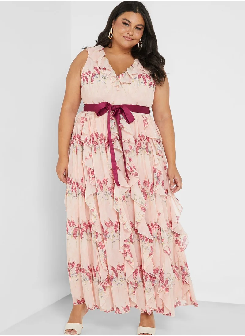 Anaya with Love Curve Belted Printed Waterfall Dress
