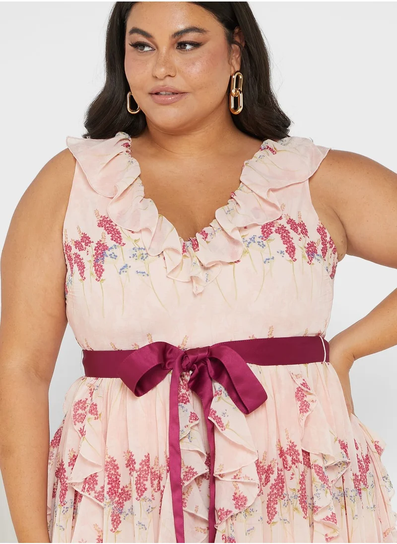 Anaya with Love Curve Belted Printed Waterfall Dress