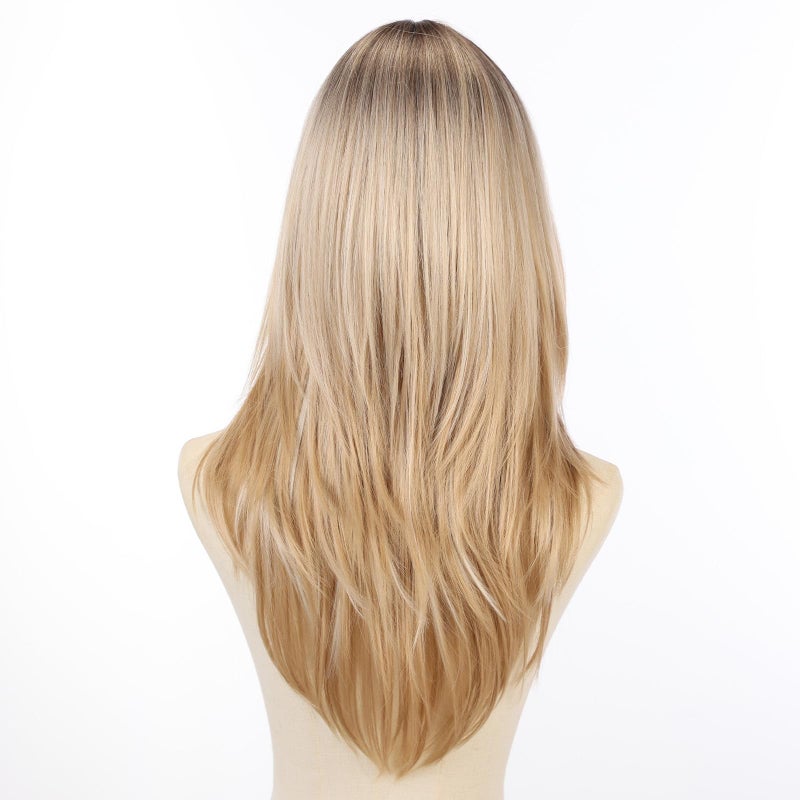 Allbell Blonde Wig for Women Long Straight Layered Wig with Bangs Ombre Blonde Synthetic Hair with Highlight - Image 3