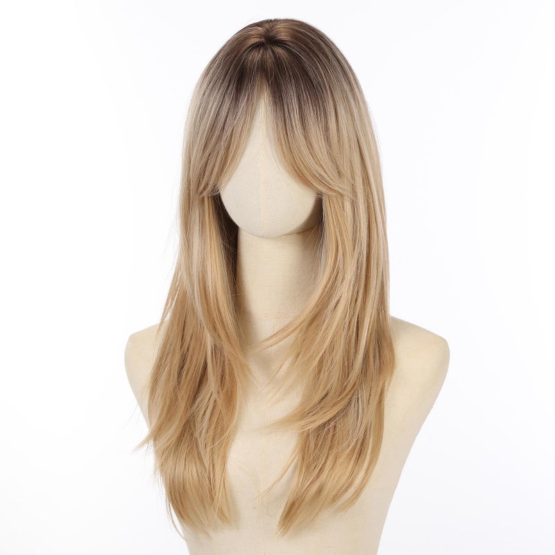 Allbell Blonde Wig for Women Long Straight Layered Wig with Bangs Ombre Blonde Synthetic Hair with Highlight - Image 4