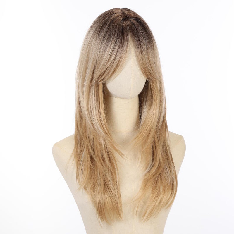 Allbell Blonde Wig for Women Long Straight Layered Wig with Bangs Ombre Blonde Synthetic Hair with Highlight - Image 5