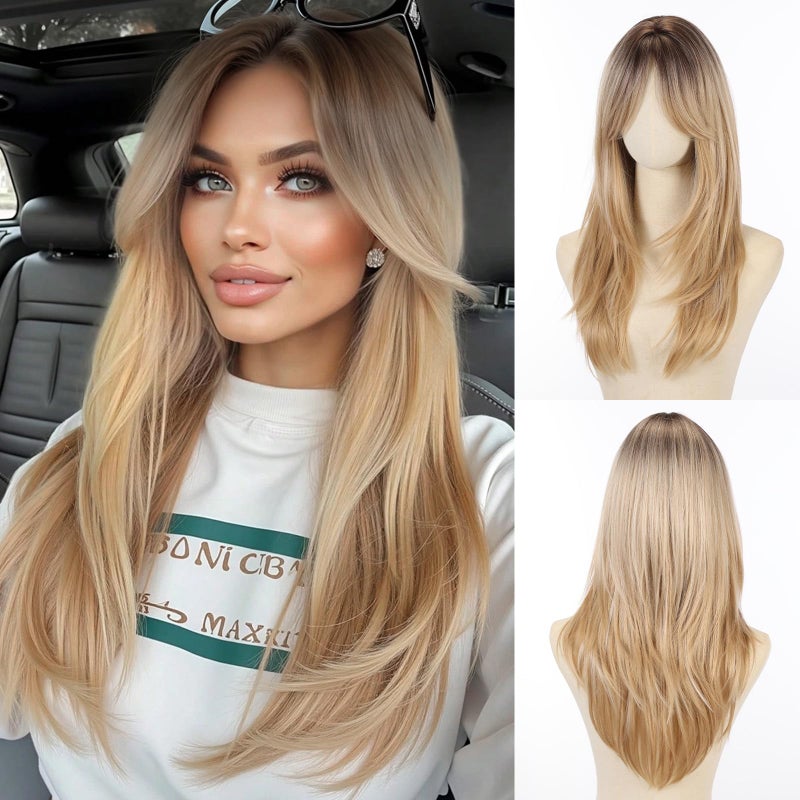 Allbell Blonde Wig for Women Long Straight Layered Wig with Bangs Ombre Blonde Synthetic Hair with Highlight - Image 1
