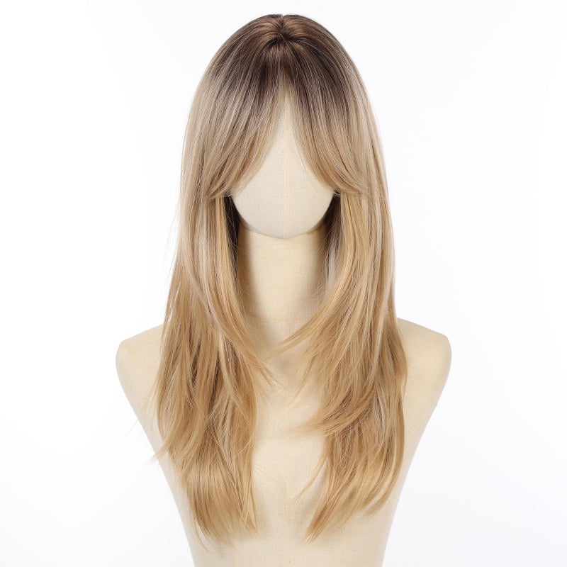 Allbell Blonde Wig for Women Long Straight Layered Wig with Bangs Ombre Blonde Synthetic Hair with Highlight - Image 2