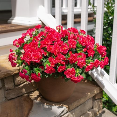 HyeFlora Artificial Faux Outdoor Flowers Plants for Spring Summer Decoration, Fake Silk Hotpink Camellia UV Resistant Look Real for Planter Outside Front Door Porch Patio Balcony, 3 Large Bundles - Image 2