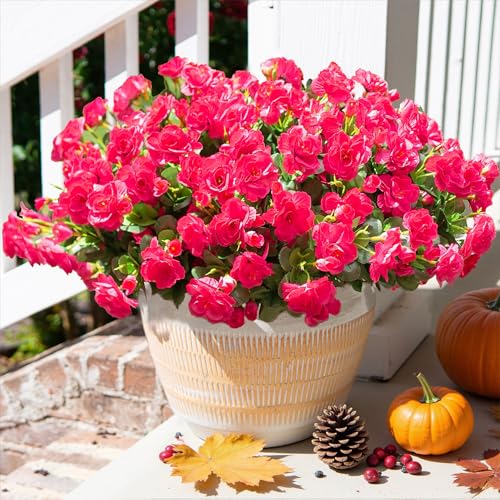 HyeFlora Artificial Faux Outdoor Flowers Plants for Spring Summer Decoration, Fake Silk Hotpink Camellia UV Resistant Look Real for Planter Outside Front Door Porch Patio Balcony, 3 Large Bundles - Image 1