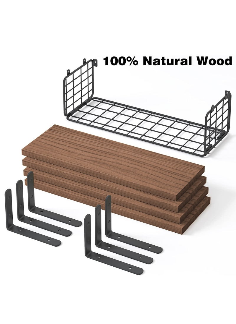 XiuWoo 4 Pack Wood Wall Mounted Floating Shelves, Hanging Shelf Storage Rack, Home Display Rack, Plant Shelf, Home Storage Rack with Wire Storage Basket for Home, Office  - Image 5