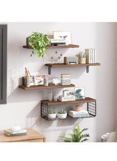 XiuWoo 4 Pack Wood Wall Mounted Floating Shelves, Hanging Shelf Storage Rack, Home Display Rack, Plant Shelf, Home Storage Rack with Wire Storage Basket for Home, Office  - Image 3