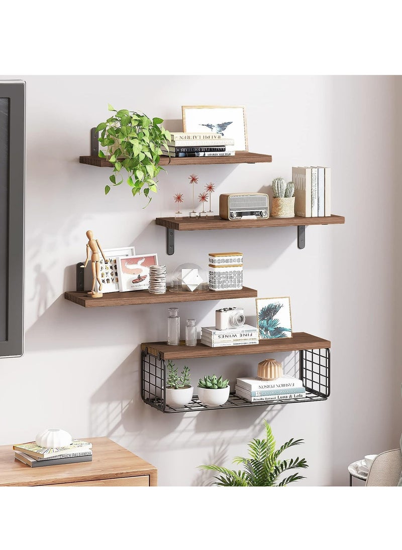 XiuWoo 4 Pack Wood Wall Mounted Floating Shelves, Hanging Shelf Storage Rack, Home Display Rack, Plant Shelf, Home Storage Rack with Wire Storage Basket for Home, Office  - Image 3