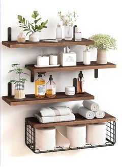 XiuWoo 4 Pack Wood Wall Mounted Floating Shelves, Hanging Shelf Storage Rack, Home Display Rack, Plant Shelf, Home Storage Rack with Wire Storage Basket for Home, Office  - Image 1