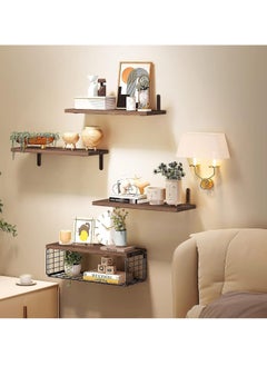 XiuWoo 4 Pack Wood Wall Mounted Floating Shelves, Hanging Shelf Storage Rack, Home Display Rack, Plant Shelf, Home Storage Rack with Wire Storage Basket for Home, Office  - Image 4